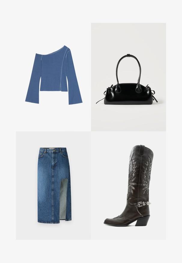 Even&Odd by Zalando Camiseta de manga larga - dark denim; Falda de mezclilla en azul medio con corte recto y abertura lateral. Presenta un diseño clásico de cinco bolsillos y presillas para cinturón, con costuras visibles.; Bota cowboy de cuero negro con recortes decorativos, hebilla plateada y tacón inclinado, presentada sobre fondo blanco.; Pequeño bolso negro brillante con dos asas largas y detalles de cordón lateral sobre un fondo claro liso.