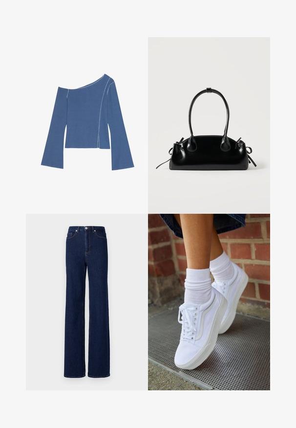 Even&Odd by Zalando Langærmet T-shirt - dark denim; Mørkeblå denim jeans med høj talje, bred benudskæring og klassisk fem-pocket design. Afsluttet med kontrastsyning og en metalknap.; Hvide lærreds sneakers med gummisåler, der har seks snørehuller, rund tå og let sømdetaljer, krydret med hvide ankelstrømper.; Lille sort blank håndtaske med to lange håndtag og snøre-detaljer i siden på en ensfarvet lys baggrund.