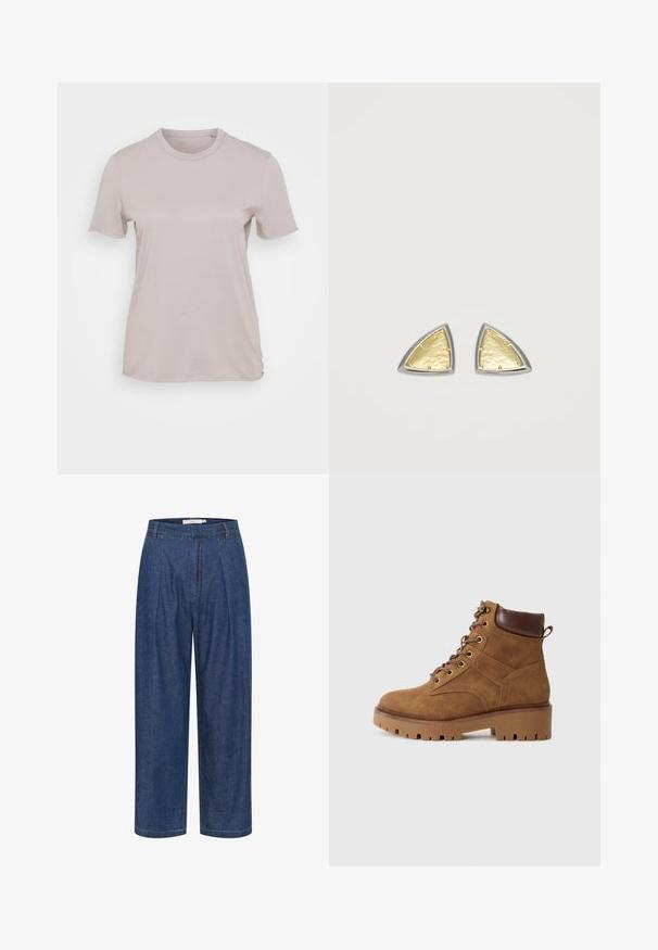 Camiseta de manga corta color beige claro, hecha de algodón, con un escote redondo y un corte relajado, de textura suave y sin patrones visibles.; Pantalones de mezclilla azul de pierna ancha y cintura alta, con pliegues delanteros, trabillas para cinturón y cierre de cremallera oculto.; Botas de tobillo de ante marrón con un acabado texturizado, puntera redonda y detalles de cuero marrón. Presentan cordones, ojales de metal y una suela de goma gruesa.; Par de pendientes triangulares con centros de oro martillado enmarcados por bordes de plata lisa sobre un fondo claro y sencillo.