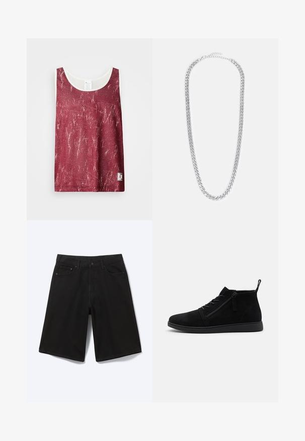 Rød mesh tanktop med et let falmet, slidt mønster. Har hvid kant langs halsudskæringen og ærmegabene, samt et lille logo tag nederst.; Sorte denim shorts til knæet med frontknap, bæltestropper og fem lommer, vist mod en hvid baggrund.; Sorte ruskind ankelstøvler har en rund tå, snørebånd foran og en lynlås i siden. Sålen er flad med en tekstureret overflade for bedre greb.; Sølv metal kædehalssmykke med sammenflettede led, en glat overflade og en justerbar lukning til tilpasning af længden.