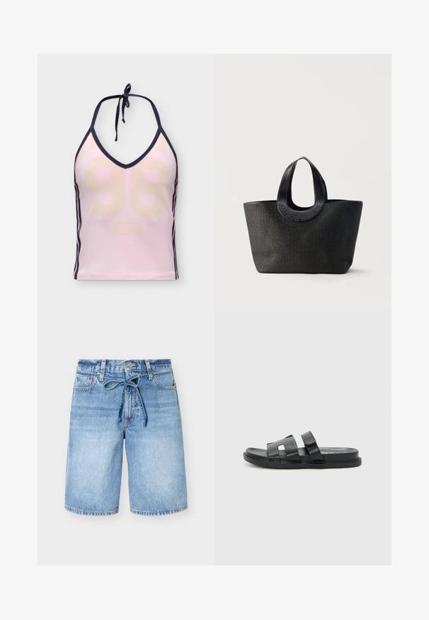 Pink halterneck tanktop med sort kant, lysebeige nummer 98 foran og tre sorte striber langs siderne.; Mellemblå denimshorts med høj talje, knap foran, fem lommer og et bundet stofbælte i taljen.; Sorte lædersandaler med to brede remme, åben tå-design og flad sål. Minimalistisk stil med syninger på sålen.; Sort tekstureret totetaske med brede rundede håndtag med præget brandnavn "Samsøe Samsøe" på neutral baggrund.