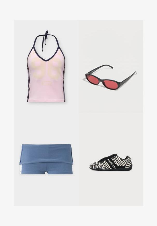 Débardeur rose à col halter avec bordure noire, numéro 98 beige clair sur le devant, et trois bandes noires le long des côtés.; Shorts de maternité bleus avec une large ceinture rabattable et une courte longueur de jambe, présentés à plat sur un fond uni clair.; Baskets à lacets noires et blanches avec motif rayures zèbre et semelle noire texturée sur un fond clair uni.; Lunettes de soleil ovales noires avec des branches fines et des verres teintés rouges posées sur une surface blanche.