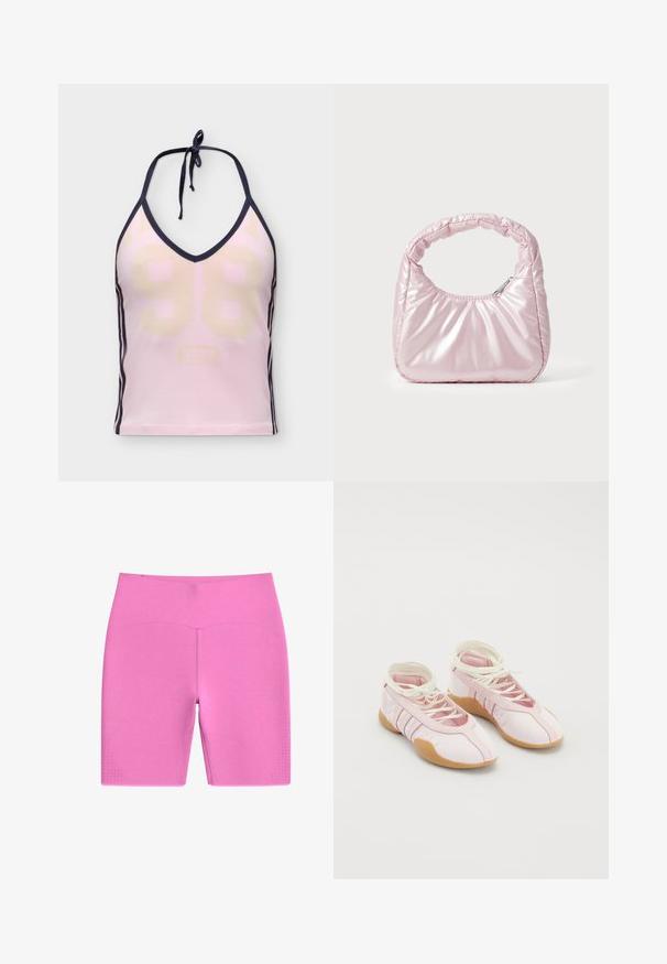 Débardeur rose à col halter avec bordure noire, numéro 98 beige clair sur le devant, et trois bandes noires le long des côtés.; Shorts de cycliste sans couture rose vif avec taille haute et petits détails perforés près de l’ourlet sur les deux jambes.; Des chaussures en toile roses avec une texture douce, présentant un design à lacets et une semelle en caoutchouc gomme. Des accents décoratifs et trois rayures sur le côté.; Sac à main rose rembourré avec un design arrondi, fabriqué à partir d'un matériau brillant. Dispose d'une poignée froncée et d'une fermeture éclair pour un accès sécurisé.