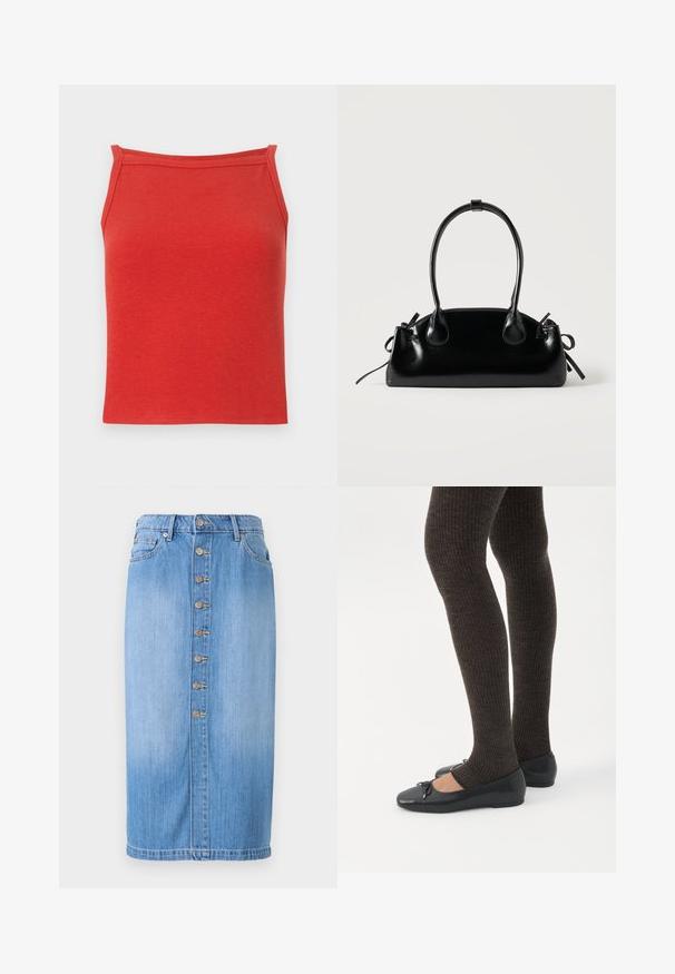 Top de tirantes rojo con diseño ajustado, tirantes estrechos y una textura suave. Presenta un escote simple y limpio, sin detalles adicionales.; Falda midi de mezclilla azul con corte recto, que presenta un cierre frontal de botones, cinco bolsillos y un lavado desgastado para dar textura.; Piernas con leggings oscuros acanalados combinados con bailarinas negras que presentan pequeños detalles de lazo sobre un fondo blanco.; Pequeño bolso negro brillante con dos asas largas y detalles de cordón lateral sobre un fondo claro liso.
