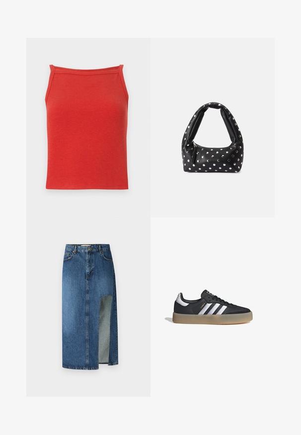 Top de tirantes rojo con diseño ajustado, tirantes estrechos y una textura suave. Presenta un escote simple y limpio, sin detalles adicionales.; Falda de mezclilla en azul medio con corte recto y abertura lateral. Presenta un diseño clásico de cinco bolsillos y presillas para cinturón, con costuras visibles.; Zapatilla deportiva de cuero negro con tres rayas plateadas, punta texturizada y suela de goma. Cuenta con un collar acolchado y un diseño con cordones.; Bolso de cuero negro con un asa curva, adornado con puntos plateados y un cierre de cremallera en un lado.