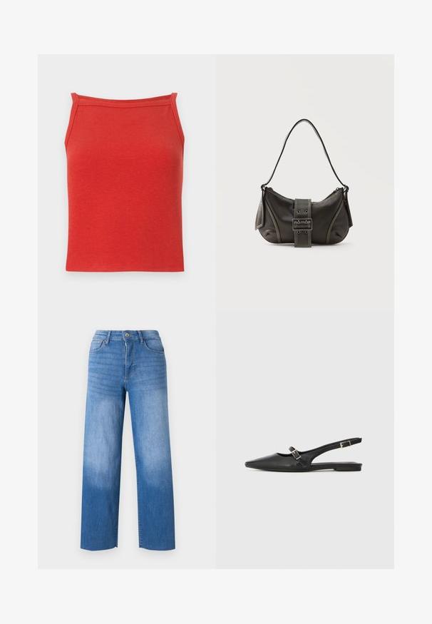 Débardeur rouge à côtes avec une coupe ajustée, des bretelles étroites et une texture lisse. Présente un décolleté simple et épuré sans détails supplémentaires.; Jean en denim bleu clair à jambe large, avec cinq poches, un zip sur le devant et un léger délavage sur les cuisses. Finitions propres.; Chaussures slingback en cuir noir avec un bout pointu, comprenant une lanière étroite et un accent de boucle argentée sur le côté. Semelle plate.; Sac à épaule en cuir noir avec une sangle à boucle, des bords arrondis et des coutures blanches contrastées sur un fond uni.