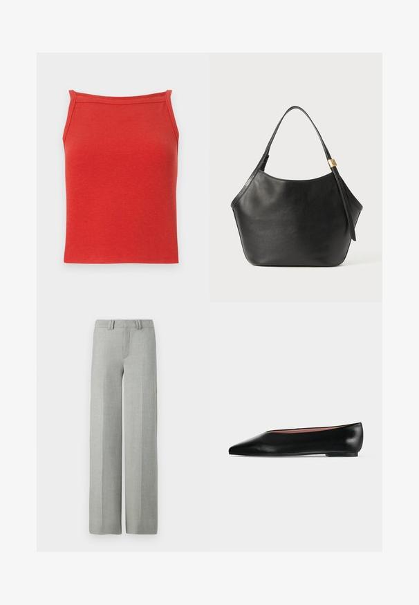 Top de tirantes rojo con diseño ajustado, tirantes estrechos y una textura suave. Presenta un escote simple y limpio, sin detalles adicionales.; Pantalones gris de pierna ancha en una tela ligera, con un frente plano, presillas para cinturón y líneas limpias y ajustadas sin patrones visibles.; Zapato plano negro de cuero para mujer con punta puntiaguda y tacón bajo, mostrado de lado sobre un fondo liso gris claro.; Bolso hobo de cuero negro con una forma estructurada, asa flexible y un acento en tono dorado. Textura suave con un diseño minimalista.