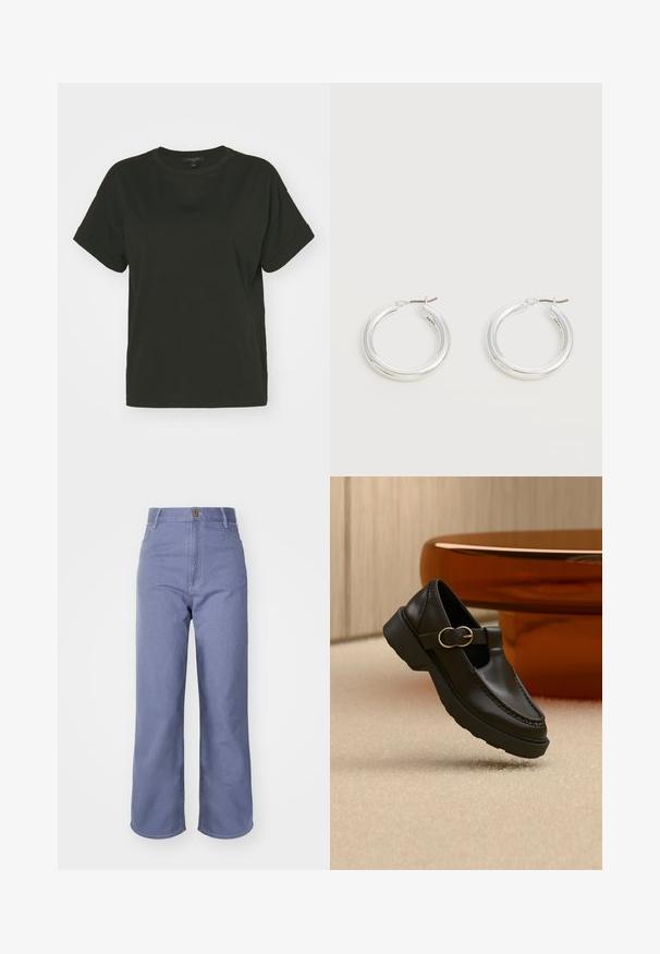 AllSaints LISA TEE - T-shirt basic - black; Lichtblauwe wijd-uitlopende jeans van denim, met een hoge taille, sluiting met voorknop en zichtbare stiksels op de zakken en naden.; Zwarte leren loafer met een gouden gesp, dikke zool, zwevend boven een beige tapijt met een bruine houten tafel op de achtergrond.; Een paar middelgrote glanzende zilveren oorringen met dunne metalen sluitingen op een lichte neutrale achtergrond.