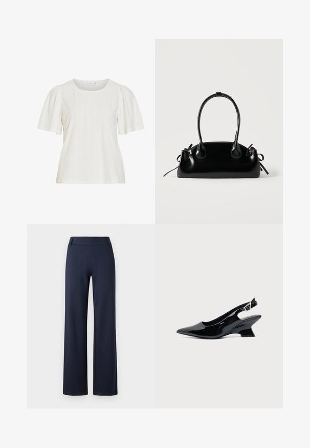 Blusa blanca de manga corta con mangas abullonadas, escote redondo y patrón texturizado con pequeños puntos sutiles.; Pantalones de pierna ancha en azul marino, fabricados con un material suave y elástico. Cuentan con una cinturilla plana y una textura suave; sin patrones visibles ni herrajes.; Zapato slingback de cuero charol negro con puntera puntiaguda y tacón bajo en bloque inclinado sobre fondo claro liso.; Pequeño bolso negro brillante con dos asas largas y detalles de cordón lateral sobre un fondo claro liso.