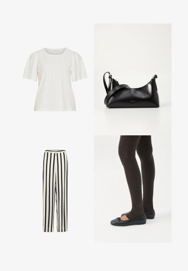 Blusa blanca de manga corta con mangas abullonadas, escote redondo y patrón texturizado con pequeños puntos sutiles.; Pantalones de rayas en blanco y negro con un diseño de pierna recta y una cinturilla elástica. Elaborados en una tela ligera con una textura suave.; Piernas con leggings oscuros acanalados combinados con bailarinas negras que presentan pequeños detalles de lazo sobre un fondo blanco.; Bolso de mano de cuero negro con una textura suave. Cuenta con una correa ajustable y un diseño elegante y minimalista con cierre de cremallera.