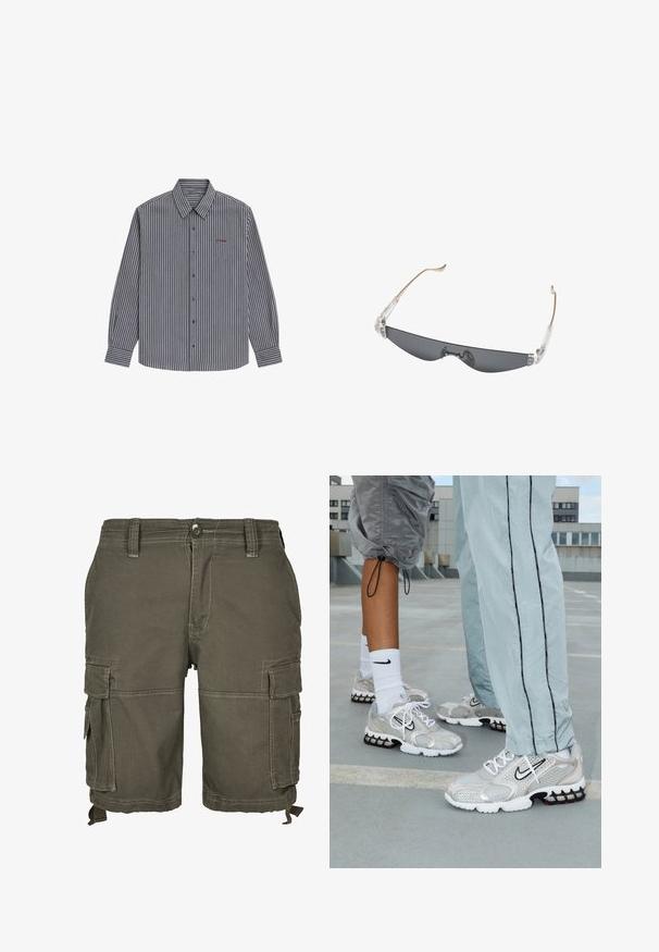 Chemise habillée homme à manches longues avec rayures verticales bleu marine et blanches, devant boutonné, col pointu et logo brodé sur la poitrine.; Shorts cargo vert olive en tissu durable, avec de multiples poches latérales, des passants de ceinture et des détails cousus pour une texture supplémentaire.; Baskets de sport Nike en maille argentée, avec des lacets blancs, un logo swoosh noir, et une semelle amortissante noire et rouge.; Lunettes de soleil fines et rectangulaires à verres teintés foncés, charnières en plastique transparent et branches fines beige courbées aux extrémités.