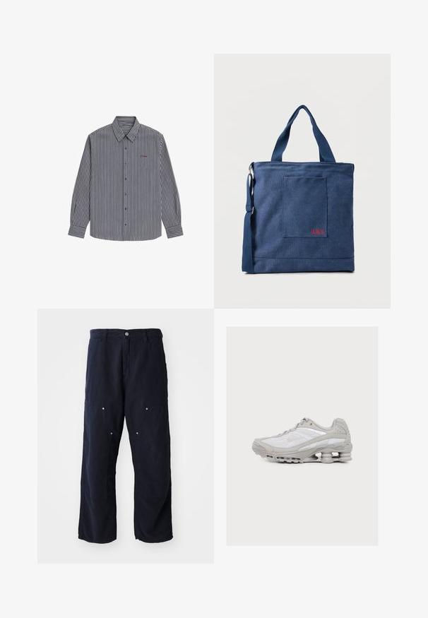 Herren Langarm-Hemd mit vertikalen marineblauen und weißen Streifen, mit Knopfleiste vorne, spitzem Kragen und besticktem Brustlogo.; Helle königsblaue Cargohose aus Baumwolle mit strukturierter Oberfläche. Verfügt über zwei Fronttaschen mit Knopfakzenten und einen Frontknopfverschluss.; Hellgrauer und weißer Sportschuh mit sichtbarer federartiger Dämpfung in der Sohle und einem Obermaterial aus Mesh-Gewebe.; Blauer Canvas-Einkaufstasche mit Vordertasche und roter "O.N.S" Stickerei, ausgestattet mit zwei Griffen und einem verstellbaren Schulterriemen.
