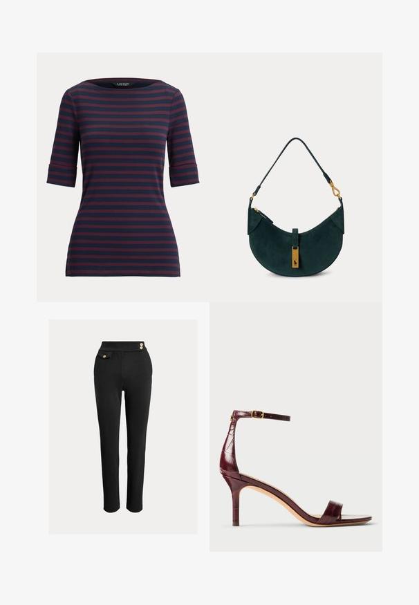 Marineblaues und dunkelrotes kurzärmeliges Shirt mit horizontalen Streifen, rundem Ausschnitt und figurbetontem Schnitt.; Schwarze, figurbetonte Hose mit hoher Taille, dekorativen goldenen Knöpfen am Bund und einer kleinen Klappentasche auf der rechten Seite.; Bordeauxfarbene, hochhackige Sandale mit einem krokodilgeprägten Finish, dünnem Knöchelriemen und Stiletto-Absatz. Glatte Ledertextur, offenes Zehendesign.; Dunkelgrüne Wildleder-Schultertasche mit geschwungener Form, goldfarbenen Beschlägen und kurzem Riemen mit Verschlussdetails.