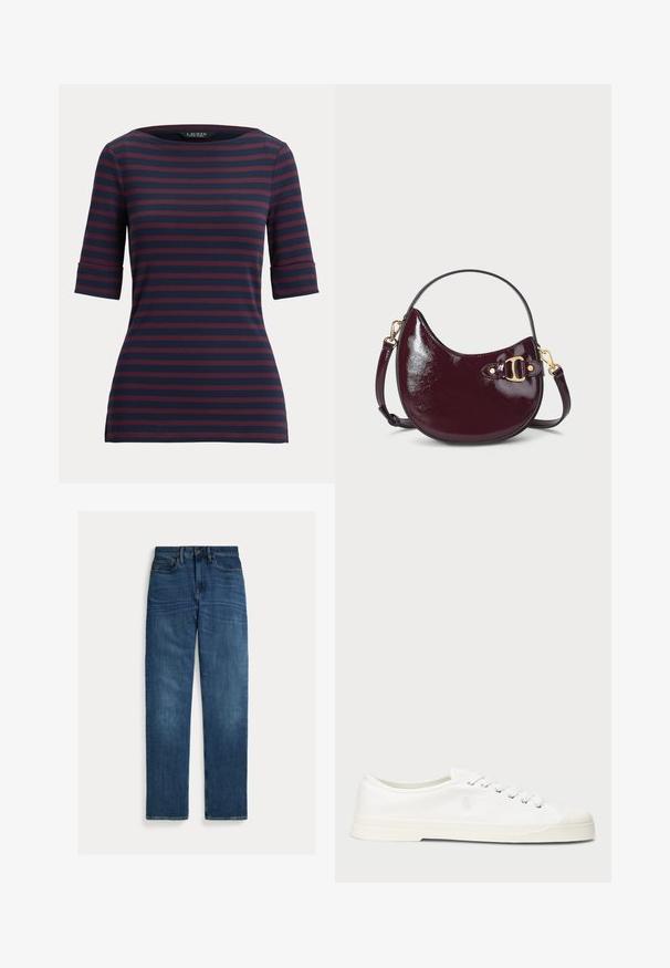 Marineblauw en donkerrood horizontaal gestreept T-shirt met korte mouwen, een ronde hals en een aansluitende pasvorm.; Blauwe denim jeans met rechte pijpen, vijf zakken, knoopsluiting en subtiele vervaging op dijen en knieën, plat op een witte achtergrond gelegd.; Witte canvas sneaker met een ronde neus, vetersluiting en subtiele logo-detail. Voorzien van een gemêleerde stof en rubberen zool.; Bordeaux glanzend leren tas met een gebogen vorm, gouden hardware accenten en een korte schouderband. Decoratieve gesp detail aan de zijkant.