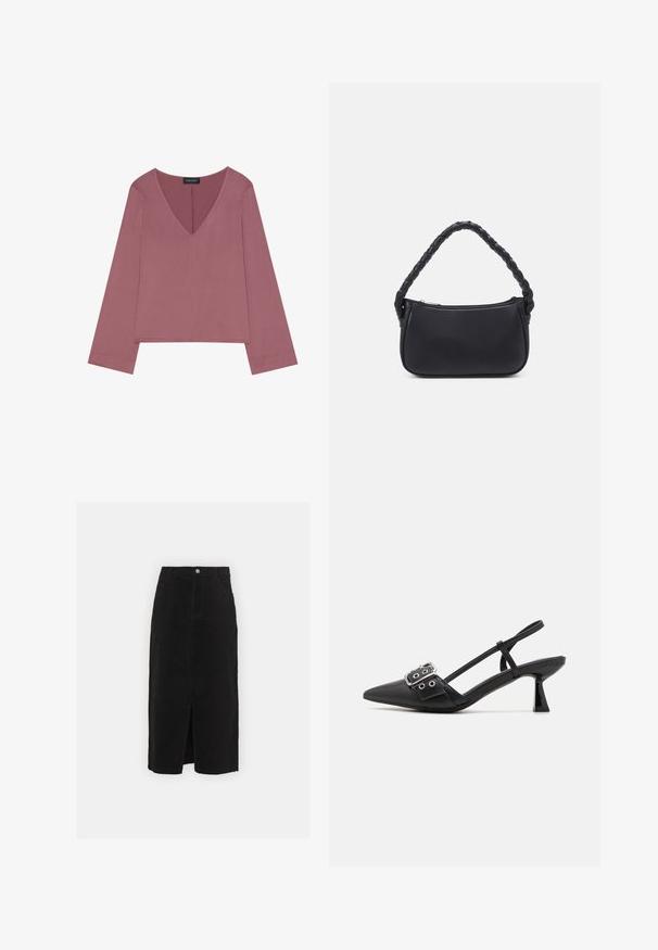 Top de manga larga con escote en V en color rosa empolvado, con un corte relajado, tejido suave y un dobladillo recto con detalles de costura mínimos.; Falda midi de mezclilla negra, con una abertura frontal, diseño clásico de cinco bolsillos y un cierre de botón plateado en la cintura.; Simmi London DALA - Tacones - black; Bolso negro de forma redondeada, hecho de material liso. Presenta un asa trenzada y un cierre de cremallera para un almacenamiento seguro.