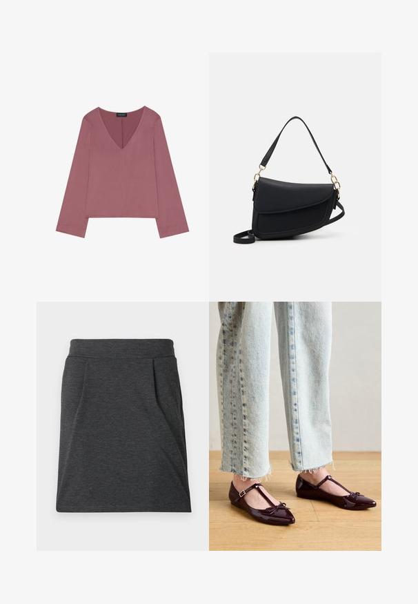 V-hals langærmet bluse i støvet rosa, med en afslappet pasform, blødt stof og en lige kant med minimale syninger.; Mørkegrå stofnederdel med en tætsiddende talje, prydet med plisseringer for ekstra tekstur. Lige snitdesign, minimalt syninger og ingen mønstre.; Blanke bordeauxrøde balletflade sko med T-rem, der har en sløjfedetalje ved tåen. Kombination med cropped lyseblå denimjeans.; Sort læderhåndtaske med en struktureret overflade, der har en enkelt skulderrem og guld hardware-detaljer. Designet er slankt og minimalistisk.