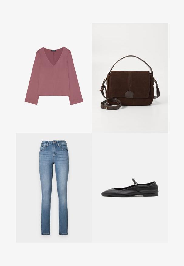 Top à manches longues en V en rose poussiéreux, avec une coupe décontractée, un tissu doux et un ourlet droit avec des détails de couture minimaux.; Jean skinny en denim bleu clair avec taille haute, cinq poches, décoloration subtile et détails de couture contrastants.; Ballerines en cuir noir avec un bout arrondi, un empeigne étroite et une petite bride à la cheville dotée d'une boucle ronde. Semelle basse et plate.; Sac messager en daim marron avec un rabat plat à l'avant, des accents en cuir marron, une bandoulière ajustable et un design minimaliste.