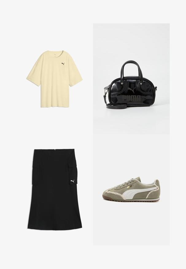 Camiseta de manga corta beige clara con escote redondo y un pequeño logo negro de Puma en el pecho izquierdo.; Falda negra hasta la rodilla con bolsillos cargo en ambos lados y un pequeño logo blanco de Puma en la solapa del bolsillo derecho.; Zapatillas de ante verde con acentos de cuero blanco, costuras texturizadas, parte frontal con cordones y suela de goma. Presenta detalles de diseño únicos a lo largo de los lados.; Bolso de mano de charol negro con dos asas superiores, correa para el hombro desmontable, forma redondeada y destacado logo en relieve de "PUMA".
