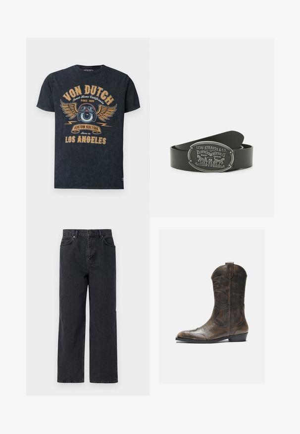 Schwarzes Von Dutch T-Shirt mit einer Grafik eines geflügelten Augapfels mit Schutzbrille, Vintage-Text „Sweet Home California Since 1929“ und „Los Angeles.“; Dunkelblaue Denim-Hosen mit weitem Bein, Fünf-Taschen-Design und Knopfverschluss. Enthält Hardware in kupferfarbener Ausführung und eine subtile Textur.; Braune Leder-Cowboystiefel mit hohem Schaft, spitzem Zehenbereich, aufwendigen Stickmustern und kleinem Absatz. Strukturierte Oberflächenbeschaffenheit.; Schwarzer Ledergürtel mit einer silbernen ovalen Schnalle, die mit eingeprägten Grafiken und Text dekoriert ist, einschließlich eines Pferdemotivs und des Markennamens.