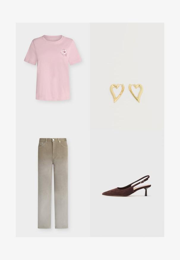 Lyserød kortærmet t-shirt med rund hals og lille blomstermotiv i stregtegning på venstre bryst.; Beige jeans med lige ben, knap- og lynlåslukning, forlommer og bæltestropper, vist på en ensfarvet hvid baggrund.; Brune ruskinds slingback sko med spids tå og en slank hæl. Har en justerbar rem med en metalspænde.; Par af guldfarvede øreringe formet som åbne hjerter på en ensfarvet hvid baggrund.
