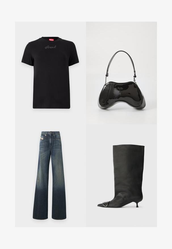 T-shirt noir Diesel à manches courtes avec un petit logo en strass centré juste en dessous de l'encolure.; Jean en denim à jambes larges de couleur bleu foncé avec une finition délavée, présentant un genou usé et un design classique à cinq poches avec une étiquette.; Bottines en cuir noir à bout pointu, petite talon et détail métallique sur le bout. Texture lisse et mate partout.; Sac à main en cuir verni noir avec une forme incurvée unique, une anse courte et ajustable, et une fermeture zippée. Texture lisse avec un branding discret.