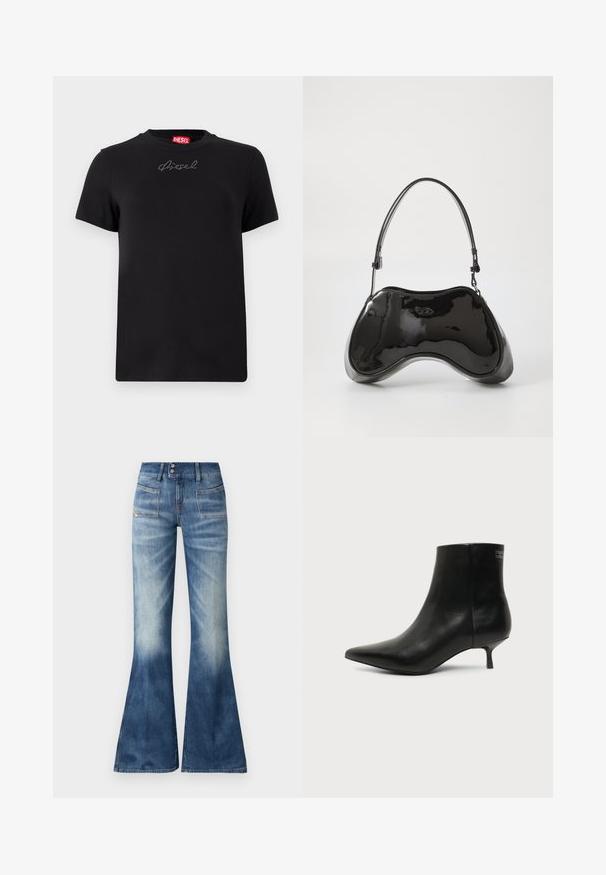 Sort Diesel t-shirt med korte ærmer og lille rhinsten-logo med tekst centralt placeret under halsudskæringen.; Udsvingede blå denimjeans med en lys til mørk gradient, to forlommer og lukning med knap. Har minimal syning og en glat overflade.; Sort læder ankelstøvle med spids tå og lav kitten hæl på lys baggrund, der viser yderside.; Sort patentlæder håndtaske med en unik buet form, kort justerbar hank og en lynlåslukning i toppen. Glat tekstur med diskret branding.