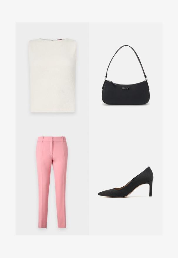 Top sin mangas blanco con un patrón texturizado que presenta las letras "H" y "G" a lo largo. Cuello redondo y dobladillo recto.; Pantalones rosa a medida con una textura suave, piernas rectas y un detalle de cremallera en el dobladillo. Presentan presillas para cinturón y un diseño frontales plano.; Zapato de tacón alto negro con puntera afilada, superficie texturizada, tacón delgado de 3 pulgadas y un forro interior suave, diseñado con una silueta clásica.; Bolso sintético negro con forma curva, cierre de cremallera y asa corta. Presenta un logo plateado de "HUGO" en el frente. Textura suave.