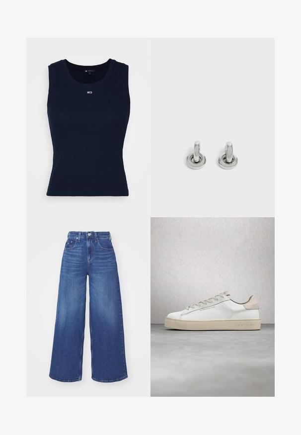 Mørkeblå bomulds tanktop med ribbet struktur, rund halsudskæring og et lille broderet logo på brystet. Let og tætsiddende design.; Højtaljede blå denimjeans med brede ben, bæltestropper, frontknap, lynlåslukning samt for- og møntlommer.; Hvide lædersneakers med en glat overflade, beige ruskindsdetaljer, rund tå, flad snørebåndsdesign og en struktureret gummisål.; Par små, skinnende sølv hoops med rund base, vist på en ensfarvet lys baggrund.