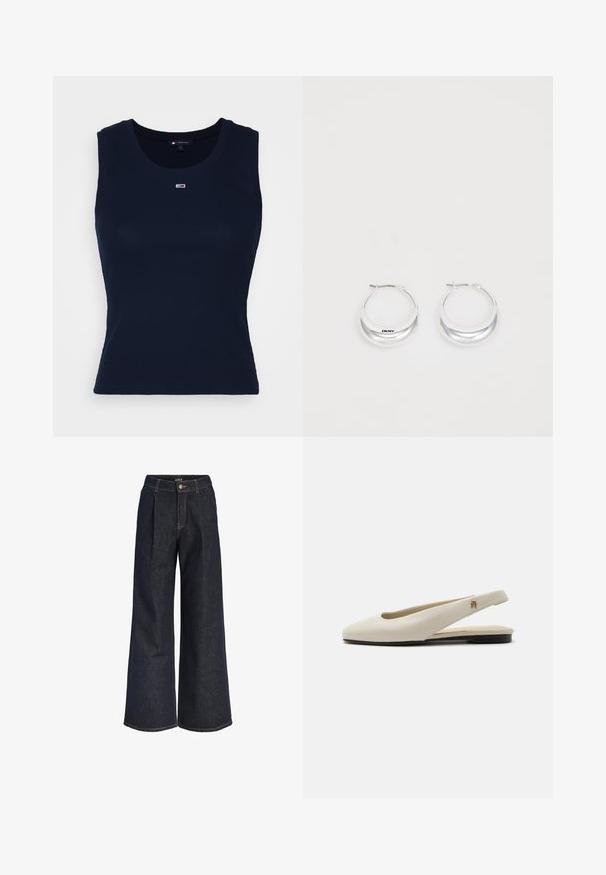 Top sin mangas de algodón azul marino con textura acanalada, escote redondo y un pequeño logo bordado en el pecho. Diseño ligero y ajustado.; Jeans de mezclilla de pierna ancha en azul oscuro con pliegues, cierre de botón y trabillas para cinturón, mostrados sobre un fondo blanco.; Zapato plano slingback de cuero color crema con puntera redondeada y pequeño emblema dorado en la correa.; Pendientes de aro de plata con un acabado pulido y la marca DKNY, exhibidos sobre un fondo blanco liso.