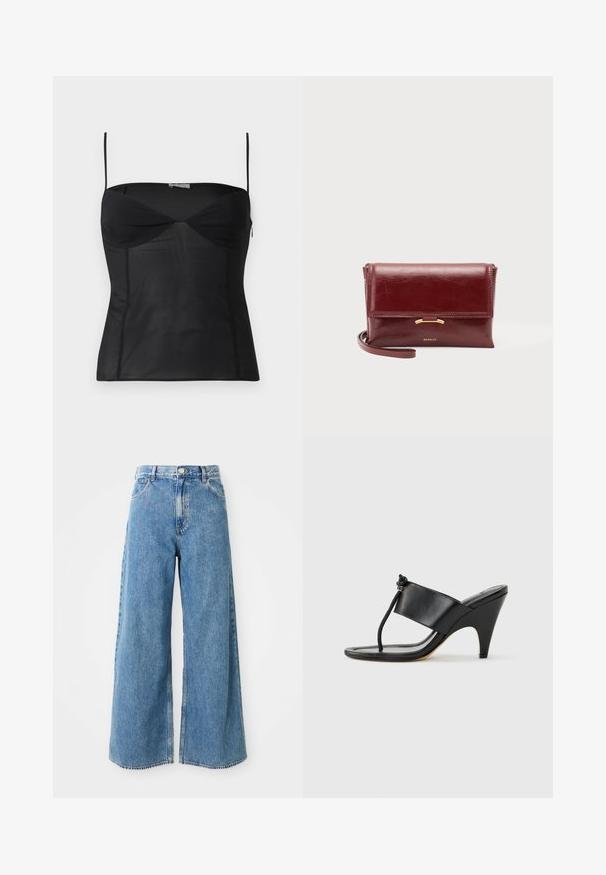 Sort ærmeløs tætsiddende top med tynde skulderstropper, hjerteformet udskæring og sømdetaljer på en ensartet hvid baggrund.; Højtaljede lyseblå brede denim jeans med frontknap, lynlås og forlommer på en hvid baggrund.; Sort højhælet sandal med bred frontrem og en tåsløjfe med en knyttet snordetalje, vist i profil på hvid baggrund.; Lille burgunder læder clutch taske med klaplukning, gulddetalje og håndledsrem, der hviler på en ensfarvet baggrund.
