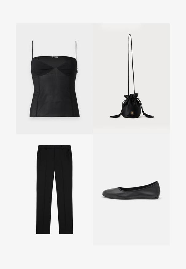 Haut noir ajusté sans manches avec fines bretelles, encolure en cœur et détails de coutures sur un fond blanc uni.; Pantalons noirs sur mesure avec une texture lisse, présentant une taille plate, deux poches latérales et un design classique à jambe droite.; Ballerines en cuir noir avec un bout rond, texture lisse, détails de couture minimalistes et design de semelle flexible.; Sac seau noir à cordon avec une longue sangle fine et un petit logo carré doré sur le devant, présenté sur un fond uni.