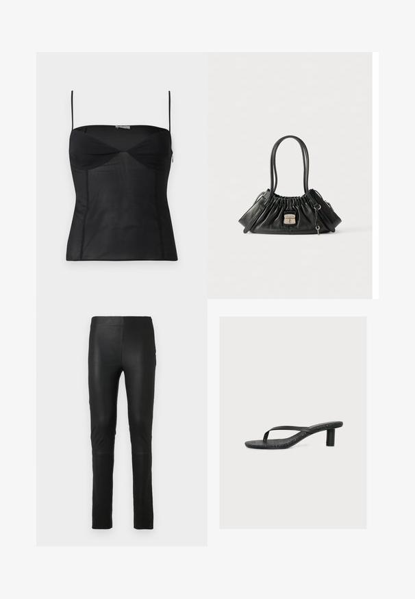 Haut noir ajusté sans manches avec fines bretelles, encolure en cœur et détails de coutures sur un fond blanc uni.; Leggings noirs en tissu lisse et extensible. Design ajusté avec une texture douce. Présente des détails de couture au niveau des genoux.; Sandale noire à talon avec fines brides et semelle texturée, dotée d’un petit talon cylindrique sur un fond uni clair.; Sac à main en cuir noir avec un haut froncé, deux bretelles, des compartiments latéraux zippés et un fermoir en argent portant l'étiquette "Marc Jacobs" avec un petit charme en forme de clé.