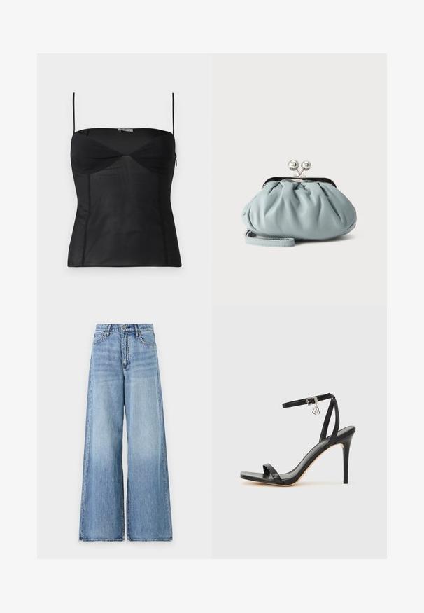 Haut noir ajusté sans manches avec fines bretelles, encolure en cœur et détails de coutures sur un fond blanc uni.; Jean large bleu clair en denim. Présente une taille haute, de grandes jambes évasées et un style classique à cinq poches avec quincaillerie en métal.; Sandale à talon haut noire avec une bride étroite à la cheville, bout carré, cuir lisse et accent de boucle métallique.; Petit porte-monnaie en cuir bleu clair avec fermoir métallique argenté de type kiss-lock et court bracelet de poignet sur fond uni.