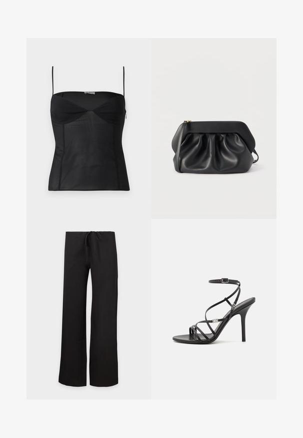 Haut noir ajusté sans manches avec fines bretelles, encolure en cœur et détails de coutures sur un fond blanc uni.; Pantalon noir à jambes larges avec taille à cordon, présenté à plat sur fond blanc.; Sandale noire à talons hauts avec des brides fines, une boucle à la cheville, une surface en cuir lisse et un talon aiguille élancé.; Pochette en cuir noir avec une structure rigide, des détails froncés et une fine lanière de poignet sur fond blanc.