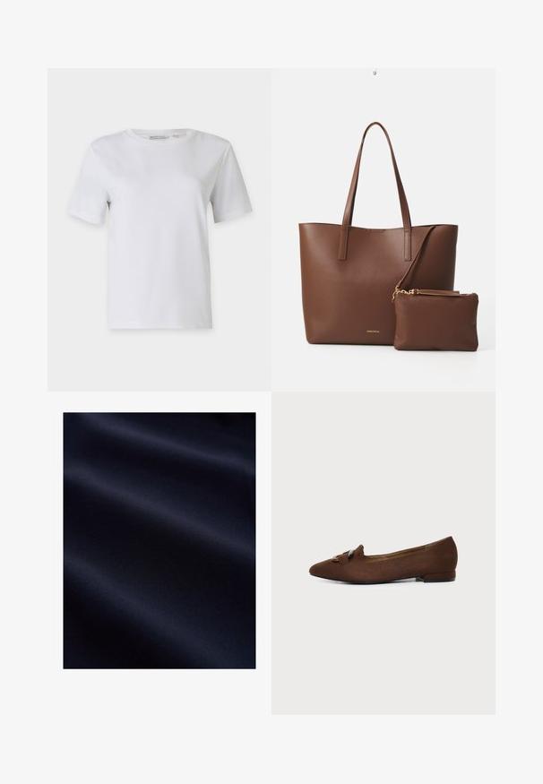 Hvid kortærmet t-shirt lavet af glat bomuld. Har en rund hals og lige kant, uden mønstre eller udsmykninger.; Mørk navyblåt glat stof med bløde folder og subtil tekstur, der antyder et let og fint materiale.; Brun flad sko med spids tå og dekorativ spændedetalje på toppen, sat mod en ensfarvet lys baggrund.; Brun faux læder tote taske med to lange håndtag og en matchende lille pung. Overfladen har et struktureret mønster og guldfarvede hardware detaljer.