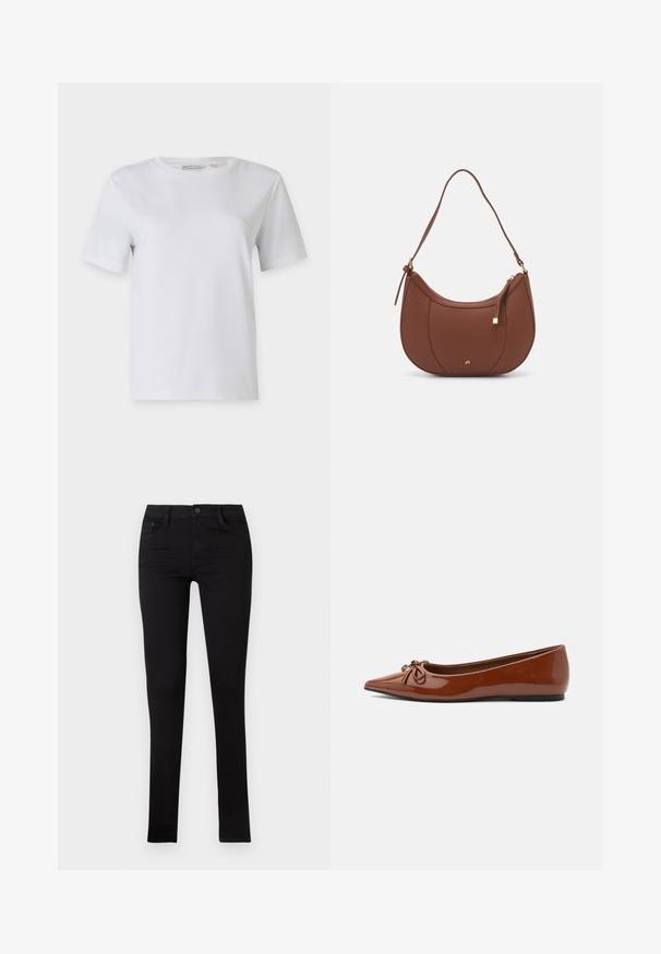 Weißes T-Shirt mit kurzen Ärmeln aus glattem Baumwollstoff. Verfügt über einen Rundhalsausschnitt und einen geraden Saum, ohne Muster oder Verzierungen.; Schwarze, enge Jeans aus Denim mit niedriger Taille, vorderen Taschen und Knopfverschluss. Mit einer glatten Textur und minimalistischen Design.; Braune Ballerinas aus Lackleder mit spitzer Zehenpartie, Schleifendetail oben und dünner schwarzer Sohle.; Braune Kunstleder-Schultertasche mit geschwungener Form, minimaler Naht und goldfarbener Hardware-Akzent. Verfügt über einen oberen Reißverschluss und einen verstellbaren Trageriemen.