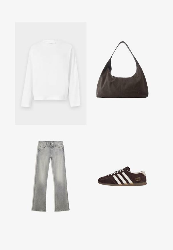 Gina Tricot T-shirt à manches longues - white; Jeans flare en denim gris avec une finition délavée, dotés d'une fermeture à bouton, de cinq poches et de coutures le long de la taille et de l'ourlet.; Baskets en suède marron avec trois bandes blanches, semelle en caoutchouc, et étiquette avec le texte "Gazelle" en or. Fermeture à lacets avec lacets gris.; Sac à main hobo en cuir souple marron foncé avec une large bandoulière unique et un détail subtil de couture centrale sur fond blanc.