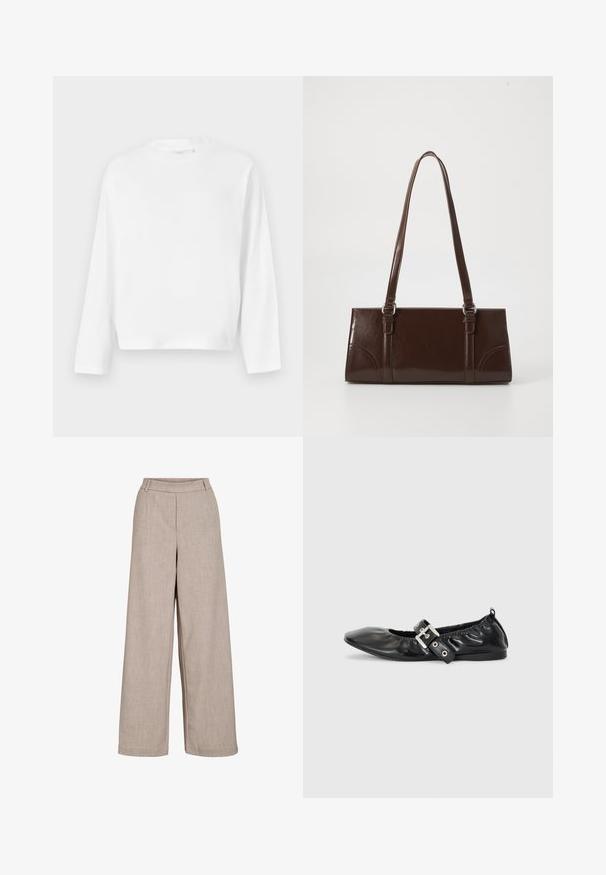 Gina Tricot Camiseta de manga larga - white; Pantalones anchos beige hechos de tejido liviano. Cuentan con una textura suave, una cintura ajustada y bolsillos laterales para un detalle funcional.; Zapato plano de piel negra con puntera afilada, detalle fruncido alrededor de la abertura y un acento de hebilla plateada en la correa ajustable.; Bolso de mano de piel sintética marrón con forma rectangular, dos asas largas y sutiles acentos curvados en la parte delantera.