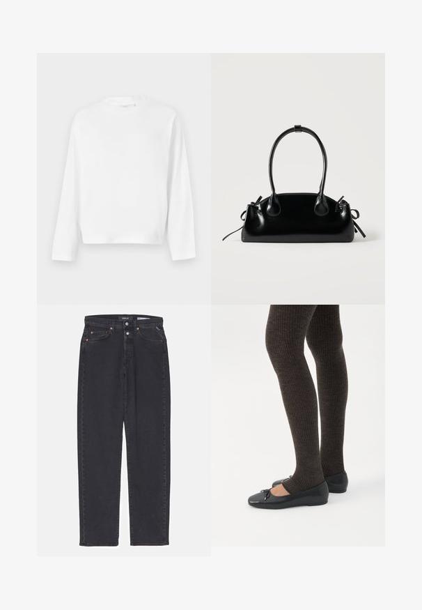 Gina Tricot Longsleeve - white; Zwarte denim broek met rechte pasvorm, voorzien van koperen klinknagels, knoopsluiting en vijf zakken. Schoon ontwerp zonder extra versieringen.; Benen met donkere geribbelde leggings gecombineerd met zwarte ballerina's met kleine strikdetails op een witte achtergrond.; Kleine zwarte glanzende handtas met twee lange hengsels en zijkant trekkoord details op een effen lichte achtergrond.