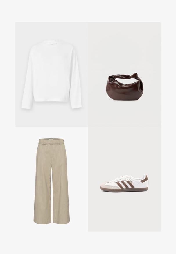 Gina Tricot Μπλούζα με μακριά μανίκια - white; Πλατύ παντελόνι σε ανοιχτό μπεζ ύφασμα με κάθετες ρίγες, διαθέτοντας ταιριαστό ζωνάκι και διακοσμητικά αξεσουάρ στην μέση.; Λευκό αθλητικό παπούτσι Adidas Samba με καφέ σουέντ ρίγες, καφέ λαστιχένια σόλα και μπεζ καπάκι δακτύλου από σουέντ, εμφανιζόμενο από την εξωτερική πλευρά σε απλό φόντο.; Σκούρα καφέ δερμάτινη τσάντα ώμου με μαλακό, χαλαρό σχήμα και λαβή με στριμμένο κόμπο σε απλό λευκό φόντο.
