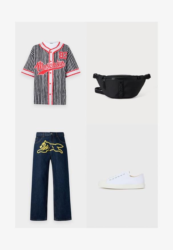 Sort og hvid stribet baseballtrøje med røde detaljer, med "Moschino"-logo, nummer 83 og knaplukning foran. Korte ærmer.; Mørkeblå denim jeans med et stort gult grafisk motiv af en springende karakter på baglommen. Lige ben design med standard syninger.; Hvide lærredssko med rund tå, gummikappe og flad sål. Har metaløjer og et enkelt snørebånddesign.; Sort Moschino bæltetaske med frontlynlås og justerbar rem på en ensfarvet lys baggrund.