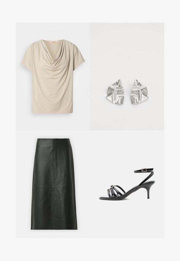Top beige à manches courtes avec un col drapé. Tissu doux et léger avec une texture lisse et une coupe décontractée. Étiquette visible au niveau du col.; Jupe midi en cuir noir avec une coupe droite. Texture lisse, coutures minimales et taille ajustée. Pas de poches visibles ni de détails supplémentaires.; Sandale noire en cuir à brides, talon kitten, bout carré, deux boucles devant et bride de cheville avec fermeture à boucle dorée.; Boucles d'oreilles en métal argenté avec un design ondulé et sculptural, présentant une finition polie et des formes irrégulières, mettant en valeur une esthétique contemporaine.
