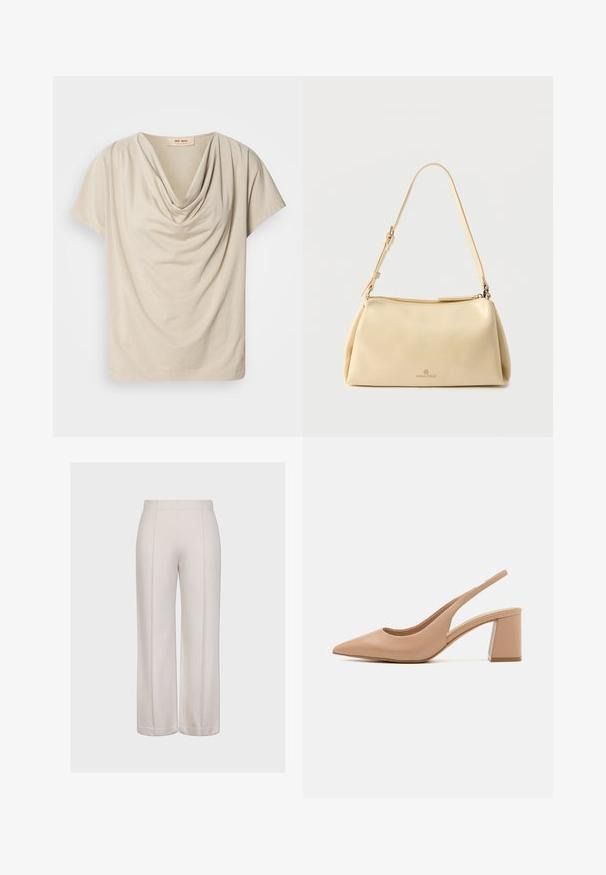 Top beige de manga corta con cuello drapeado. Tela suave y ligera con una textura lisa y un corte holgado. Etiqueta visible en el escote.; Pantalones de pierna ancha en tela beige claro con una textura suave. Presenta dos costuras verticales y un corte limpio y uniforme en el dobladillo.; Zapato de tacón alto color beige tipo slingback con punta afilada, parte superior de cuero liso y tacón bloque transparente. Diseño sencillo con un lado recortado.; Bolso de hombro beige rectangular con correa ajustable y cierre de cremallera, con un pequeño logo "Anna Field" en el centro frontal.