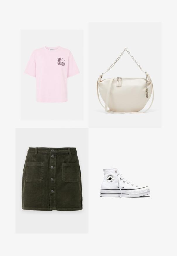 T-shirt rose clair à manches courtes avec un petit motif de deux cerises en forme de boule disco et des feuilles sur le haut gauche de la poitrine.; Mini-jupe en velours côtelé vert avec une fermeture à boutons sur le devant, deux poches avant et une surface texturée. Présente une taille ajustée et une coupe droite.; Baskets montantes blanches Converse Chuck Taylor All Star avec patch logo noir et lacets blancs, présentées sur fond blanc.; Sac en cuir beige avec une forme incurvée, une bandoulière en chaîne argentée et une fermeture éclair. Dispose de tirettes à double fermeture éclair et d'un charm en métal de la marque.