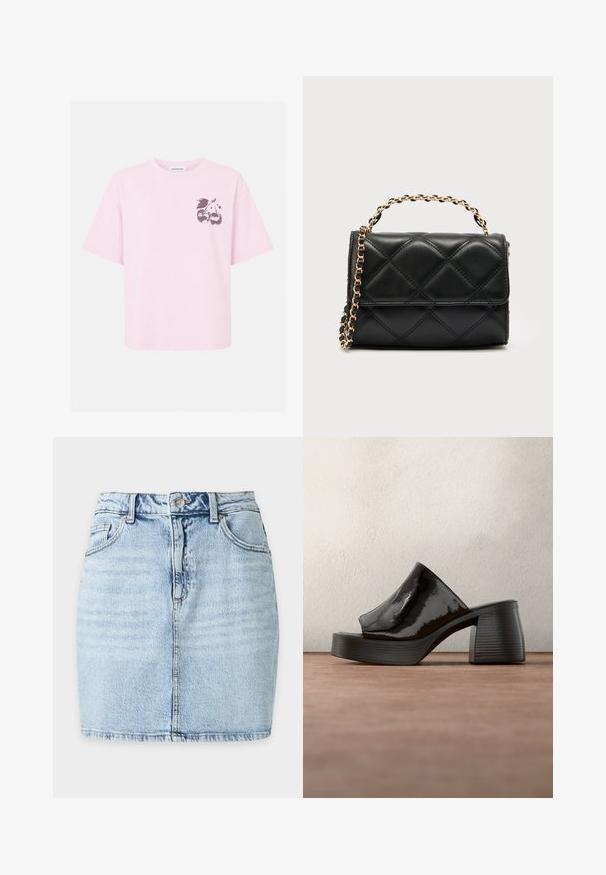 Hellrosa T-Shirt mit kurzen Ärmeln und einer kleinen Grafik von zwei Discokugel-Kirschen und Blättern auf der linken oberen Brust.; Hellblauer Jeans-Minirock mit Frontknopf, Gürtelschlaufen, zwei Vordertaschen und sichtbarer vertikaler Naht in der Mitte.; Schwarzer Mokassin aus Lackleder mit offenem Zehenbereich und klobigem Blockabsatz, aufrecht auf grauem Boden vor verschwommenem Hintergrund positioniert.; Schwarze gesteppte Handtasche aus Leder mit goldfarbener Kettenriemen und Überschlagklappe. Kompakte Form mit glatter Textur.