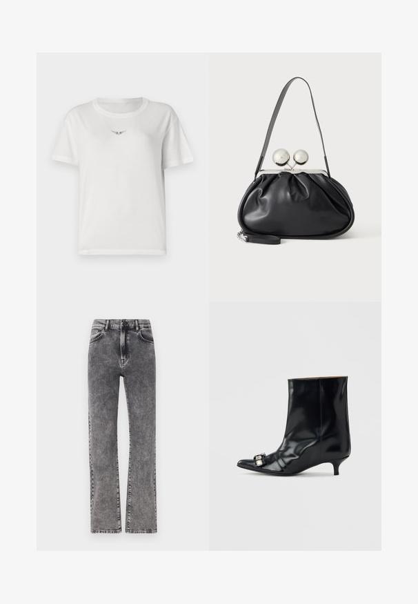Camiseta de algodón blanca con mangas cortas, que presenta un pequeño diseño de alas negras en el pecho y un clásico escote redondo.; Jeans de denim gris de talle alto con un diseño de pierna recta, que presentan un ligero efecto de desgaste y un estilo de cinco bolsillos estándar.; Bota de cuero negro para el tobillo con punta puntiaguda, tacón bajo tipo aguja y hebilla decorativa plateada en el lateral cerca de la punta.; Bolso de mano de cuero negro con diseño fruncido, una sola correa, marco metálico plateado y dos cierres grandes redondos de plata.