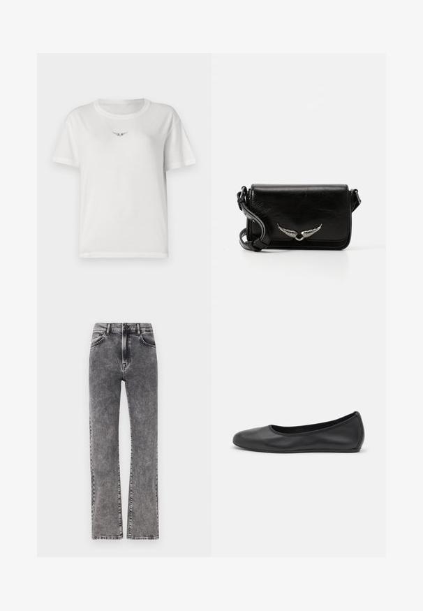 Witte katoenen t-shirt met korte mouwen, voorzien van een klein zwart vleugelontwerp op de borst en een klassieke ronde halslijn.; Grijze denim hoge taille jeans met een rechte pijp, featuring subtiele wassing en standaard vijf-pocket stijl.; Zwarte leren ballerina met een ronde neus, gladde textuur, minimale stikdetails en een flexibele zoolontwerp.; Zwarte lederen schoudertas met een kleppedesign, voorzien van zilveren vleugelaccenten en een gestructureerde afwerking. Inclusief verstelbare riem.