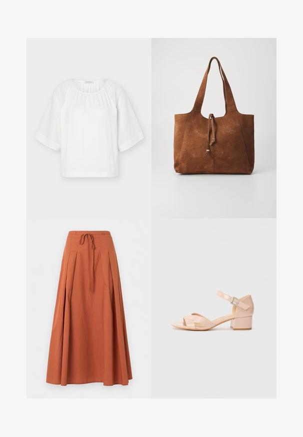 Blouse blanche ample avec encolure ronde, tissu froncé au col et larges manches mi-longues avec des détails de couture horizontaux.; Jupe longue terracotta avec plis sur le devant et cordon à la taille, présentée sur un fond uni.; Sandale en cuir verni rose avec une bride de cheville, ouverte à l'avant et à talon bloc. Présente un design croisé à l'avant et une finition élégante.; Sac fourre-tout en daim marron avec deux longues poignées, fermeture à cordon et texture lisse. Présente un design simple et des accents minimaux.