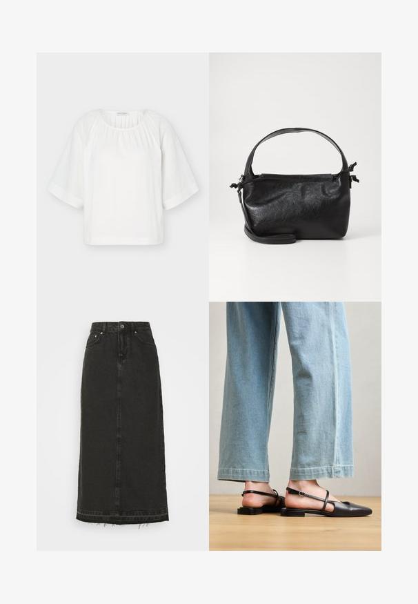 Weiße locker sitzende Bluse mit rundem Ausschnitt, gerafftem Stoff am Kragen und weiten halblangen Ärmeln mit horizontalen Nahtdetails.; Schwarzer Denim-Midirock mit tailliertem Bund, vorderem Knopfverschluss und ausgefranstem Saum. Verfügt über ein klassisches Fünf-Taschen-Design und eine leichte Textur.; Schwarze Lederslingback-Schuhe mit spitzer Zehe, flachem Absatz und Knöchelriemen; getragen mit hellblauen, weit geschnittenen Jeans.; Schwarze Lederhandtasche mit strukturiertem Design, rundem Haltegriff und abnehmbarem Schulterriemen. Sie weist eine glatte Oberfläche und einen subtilen Glanz auf.