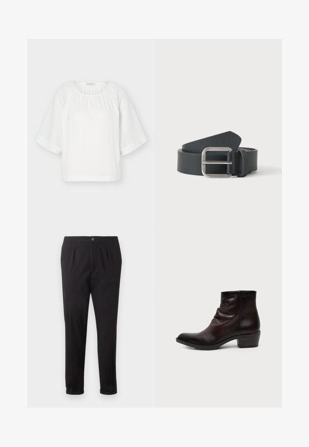Blouse blanche ample avec encolure ronde, tissu froncé au col et larges manches mi-longues avec des détails de couture horizontaux.; Pantalon noir sur mesure avec plis à l'avant, fermeture à bouton et ourlets retroussés sur fond blanc.; Bottine en cuir marron foncé avec talon bas empilé et dessus légèrement froissé, présentée de profil sur un fond uni.; Ceinture en cuir noir roulée avec boucle métallique rectangulaire argentée sur un fond clair uni.
